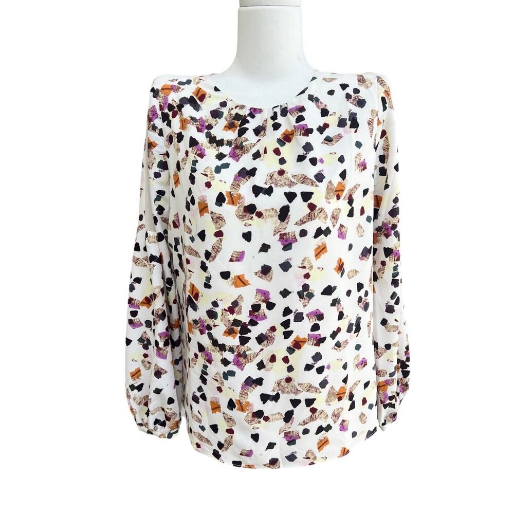 Cooper & Ella Blouse Women's Sz XS Long Sleeve Top Abstract Pleated Neck Keyhole